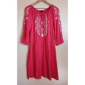 Talbots Embroidered Dress L Pink Coral Floral Boho Peasant Cotton Midi Shift